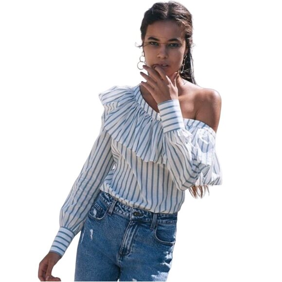 Paige Halsey One-shoulder striped blouse Papyrus China Blue white - Size XS - Picture 1 of 9